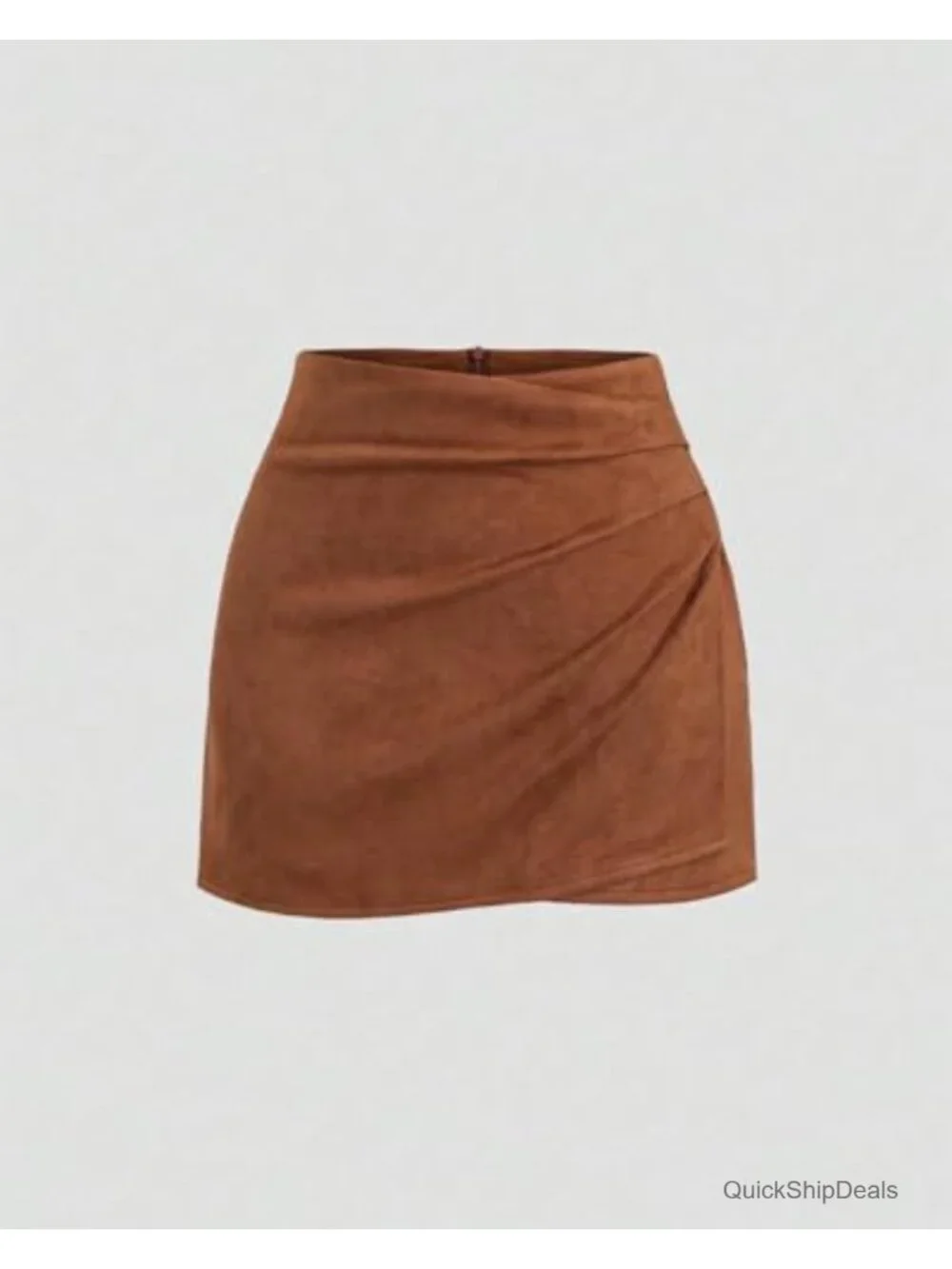 Vintage Faux Suede Ruched Wrap High Waist Zip Back Bodycon Mini Skirt